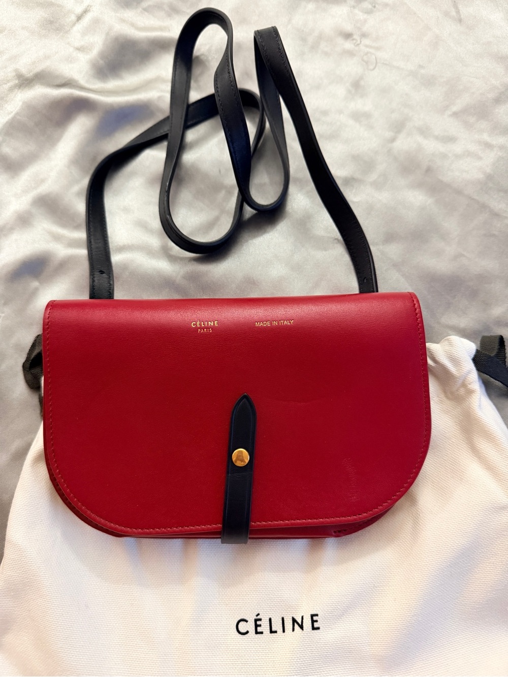Celine Red Leather Crossbody with Black Strap and Gold Accent